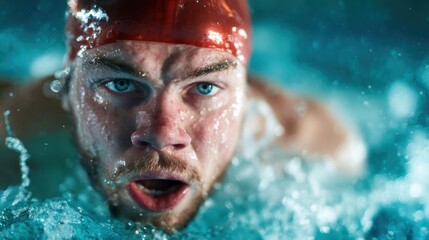 An impressive close-up shot of a swimmer with fierce determination, capturing the powerful moment of breaking through the water's surface while showcasing pure athleticism.