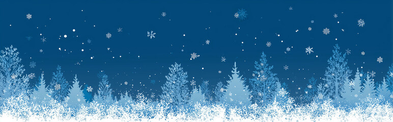 Blue Vector Background with Snowflakes and Trees, Simple Minimal Design with White Space for Text