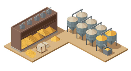 Obraz premium Isometric grain processing factory with silos and storage containers