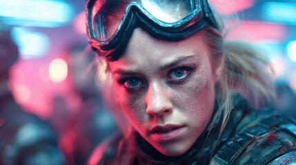 A fierce soldier gazes intensely into the camera, showcasing determination and resilience, amid a gritty and chaotic battlefield environment filled with vibrant lights.