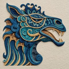 Intricate Textured Art of a Mythical Creature in Blue and Gold