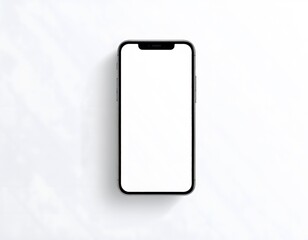 A black smartphone with a blank white screen is centered on a textured white surface, casting a subtle shadow.