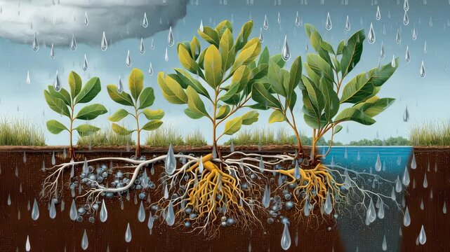 Root system concept ,young mangrove sapling root system absorbing rain tidal water exposed coastal wetland soil nurturing