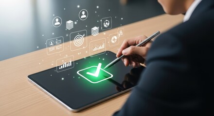 Digital Recruitment Process with HR Manager Selecting Candidate Using Tablet in Office Environment, Representing Human Resource Technology and Online Hiring System in Modern Business Workflow Process