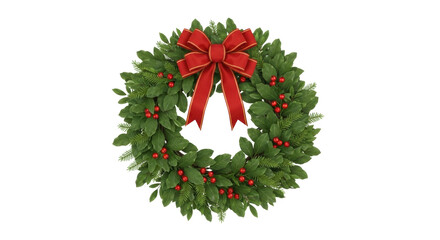 Isolated Holiday bay leaf wreath with red berries and satin ribbon bow for Christmas season