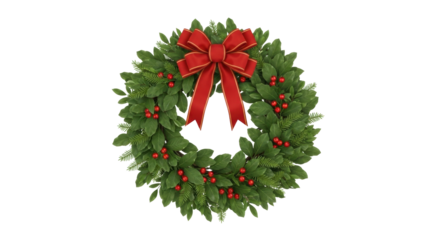 Isolated Holiday bay leaf wreath with red berries and satin ribbon bow for Christmas season