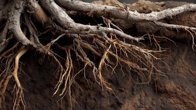 Root system concept ,Exposed tree root system soil profile with earthy texture, underground network of woody root detail
