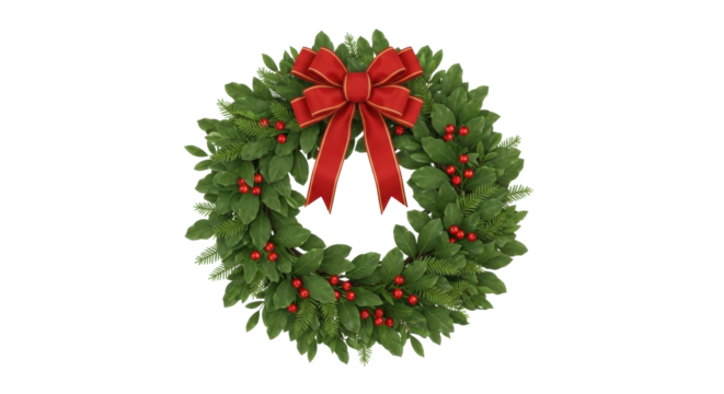 Isolated Holiday bay leaf wreath with red berries and satin ribbon bow for Christmas season