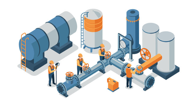 Industrial isometric design engineers working on pipeline and tank systems