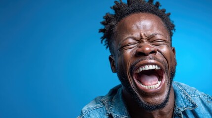 A candid photo of a man expressing pure joy with a wide-open laugh, capturing a moment of genuine happiness and the essence of unfiltered emotions that resonate deeply.