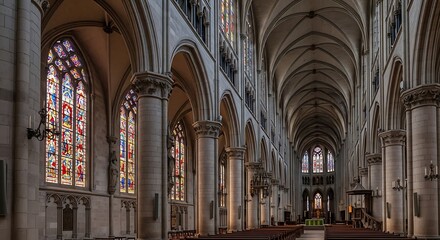 Fototapeta premium Interior of a Gothic Cathedral with Stained Glass Windows.