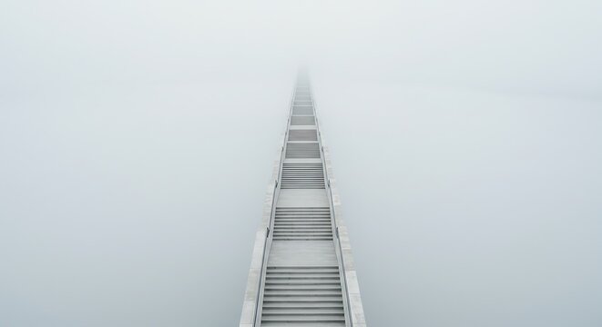 Long staircase ascending into dense fog suggesting challenge and ambition