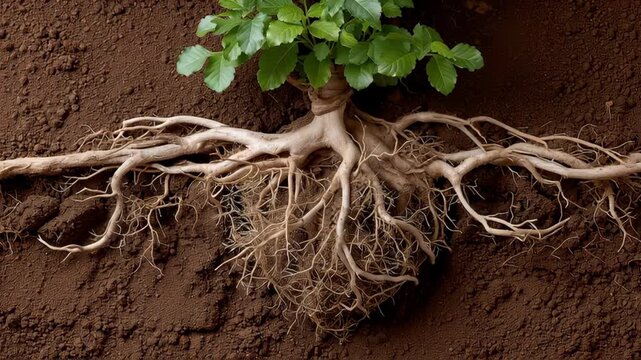 Root system concept ,young beech tree root system spreading rich soil with green leaf and intricate fibrous roots showing