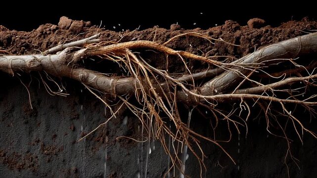 Root system concept ,root and soil cross section with water drip system showing fine tree root system exposed dark soil with