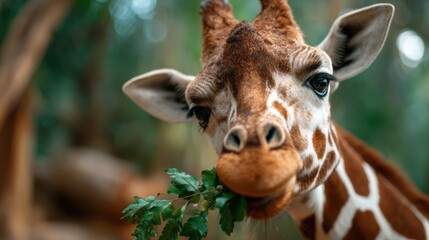 A close-up of a curious giraffe munching on leaves, revealing its expressive eyes and distinct features, set against a lush green backdrop that showcases nature's beauty.