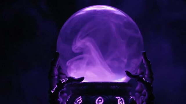 Magic crystal ball with swirling purple energy held by skeleton hands