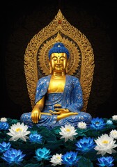 Obraz premium Golden Buddha Statue with Blue Lotus Flowers