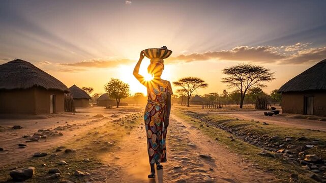 Woman walking down dirt road in rural Africa, journey of hope and resilience