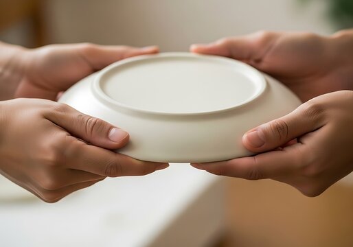 Hands holding a ceramic plate in a close-up shot showing shared purpose