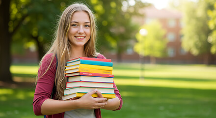 Smiling in a park-like campus setting, a person in a maroon cardigan holds a vibrant stack of books