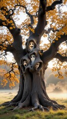 Haunted tree with faces, ancient oak with ghostly faces, surrounded by autumn leaves in misty field. Concept of eerie, spooky Halloween atmosphere, perfect for haunting scenes.
