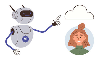 AI robot with labeled chest pointing to a cloud icon and female avatar in a circle. Ideal for technology, AI, cloud storage, smart systems, data management, future tech, digital assistance. Simple