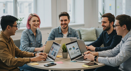 In a bright, modern workspace, five individuals collaborate around laptops displaying charts and documents