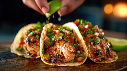 Mouthwatering tacos filled with grilled fish, fresh salsa, and garnished with lime, highlighting the vibrant flavors of street food culture.