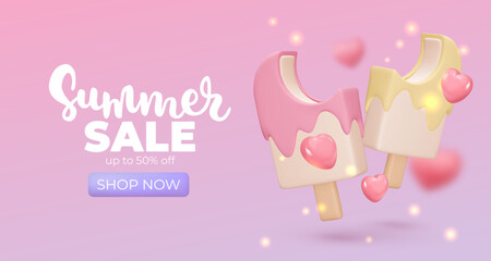 Banner with vanilla Ice cream on pink background, summer sale, up to 50%, 3d render. Design elements. Realistic sweet food poster. Vector illustration for menu, shop, flyer, web, adv, sale