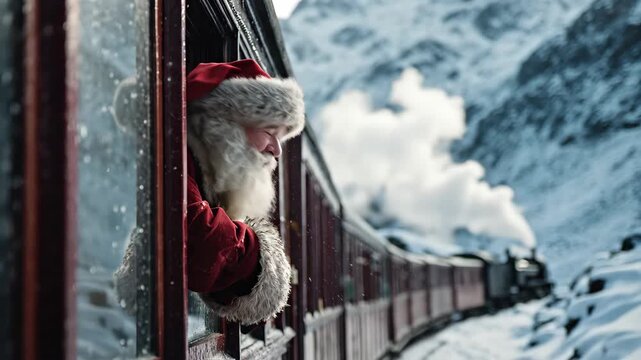 Santa Claus looks out of a train window at snowy mountains, symbolizing a magical holiday journey filled with wonder and Christmas spirit.