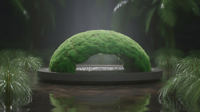 Tranquil Moss Archway on Stone Platform in Water Garden with Lush Greenery and Reflections, Serene Nature Scene, Minimalist Zen Design, 3D Rendered