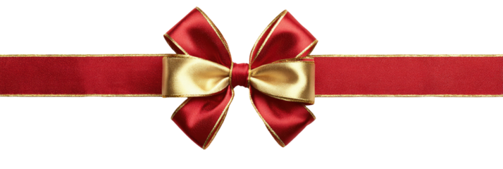 Beautiful red satin ribbon tied into a festive bow with a golden knot.