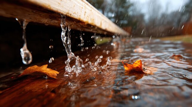 Raindrops create captivating splashes on a weathered wooden surface, surrounded by colorful fallen leaves, evoking feelings of nostalgia and the beauty of nature's cycles.