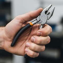 Fototapeta premium Hand holding pliers, demonstrating precision and capability, close-up tool for repair work grasping steel for fixing