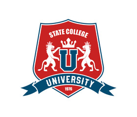 State University college heraldic icon, classic emblem, school crest with crowned lions, red shield and blue banner with an established date, symbolizing academic excellence, education and prestige