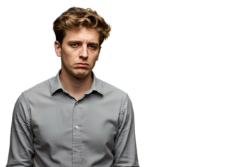 Sad young man in white shirt, isolated on transparent background
