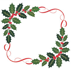 Fototapeta premium Festive christmas holly berry frame with red ribbon elegant holiday decoration vector