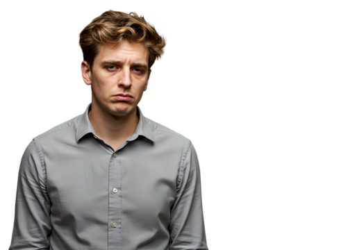 Sad young man in white shirt, isolated on transparent background