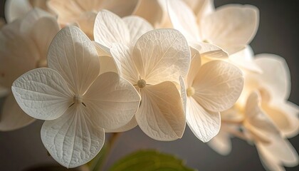Close-up of creamy white hydrangea blossoms, subtly illuminated, against a blurred dark background, showcasing delicate texture and petal details