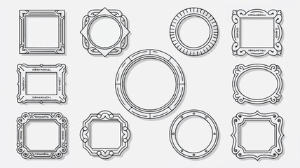A set of 9 decorative line art frames arranged in a 3x3 grid on a white background. 