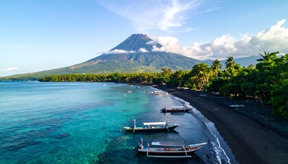 Serene Coastal View of Mount Agung from Amed Beach, Bali © trash