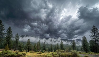 Dramatic storm clouds over a mountain valley