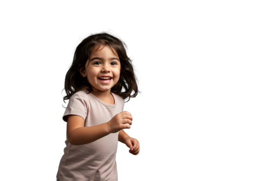 Smiling Indian girl running forward, isolated on white background, transparent PNG cutout