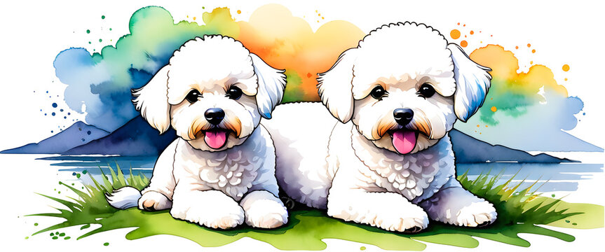 Two cute white dogs lying on grass watercolor illustration. Happy curly haired bichons in landscape art. Two poodles resting in meadow.