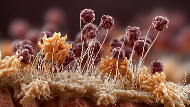 Microscopic fungus spore heads filamentous hypha with textured tissue substrate, mold spore cluster and organic microscopic