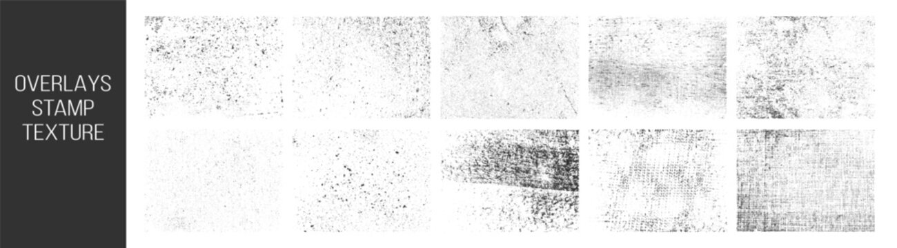 Grunge overlays stamp texture set isolated vector elements on transparent background.