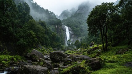 Misty waterfall cascading down a rocky mountain valley, lush green foliage