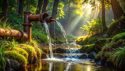 Rusty pipe releasing clear water into mossy forest under dappled sunlight&mdash;symbolizing intervention, vitality, and the fluid choreography of human touch within wild resilience.