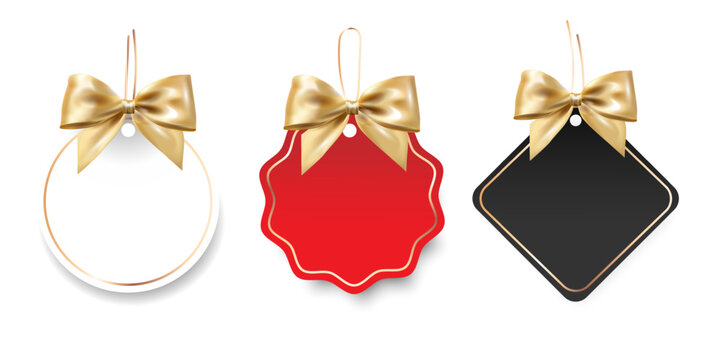 Elegant Gift Tags labels with golden bows, different shapes and colors in realistic style for packaging design, holiday marketing, product branding, retail promotions, event invitations. Vector