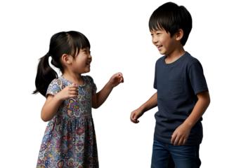 Smiling Asian children playing together, isolated on white background, transparent PNG cutout